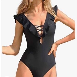 Elegant Black Ruffled One-Piece Swimsuit